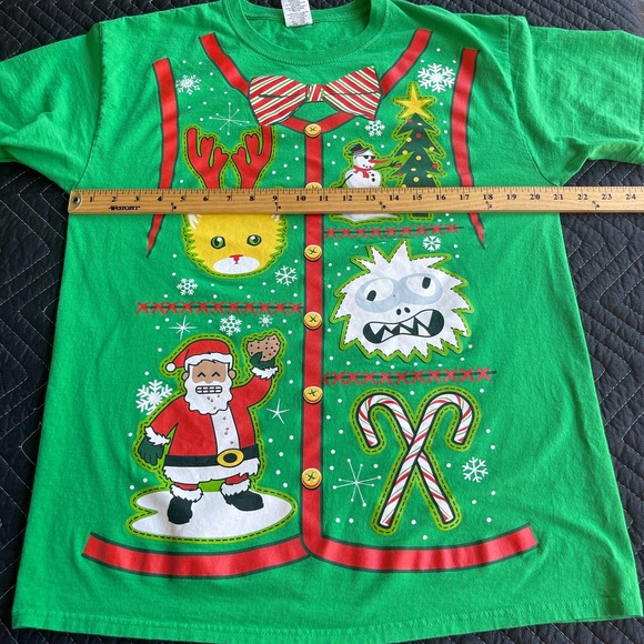 Christmas Shirt Adult Large Green Faux Button Up Short Sleeve Santa Ugly Sweater - Picture 6 of 9
